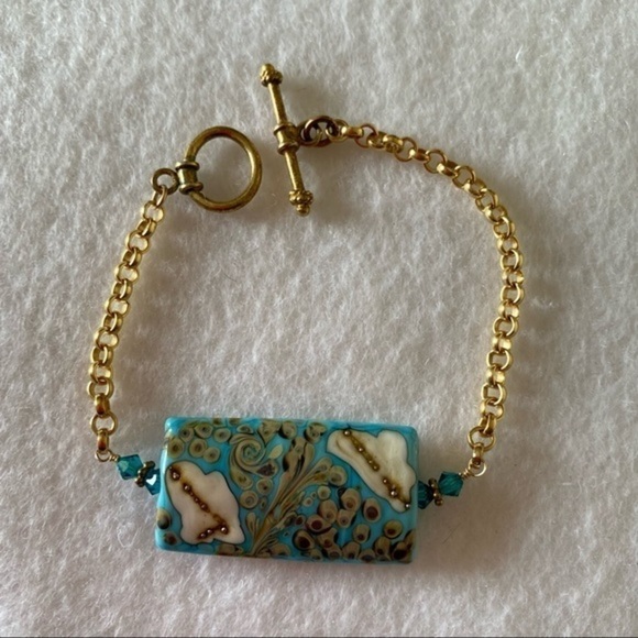 Hand Crafted 14k Gold Metal Chain Hand-painted Turquoise Ceramic Bracelet NEW - Picture 9 of 16